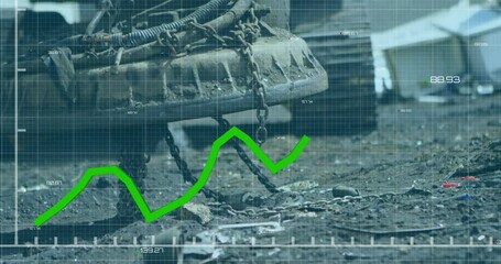 Animating green financial graph over industrial machinery in scrapyard setting - Powered by Adobe