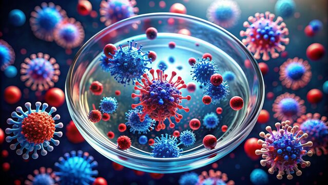 Colorful 3D illustration of a highly infectious and contagious virus strain, with red and blue particles, thriving and spreading rapidly in a petri dish.
