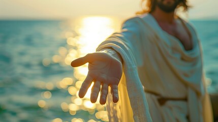 Jesus Extending an Open Hand in a Gesture of Peace and Invitation by the Sea at Sunset