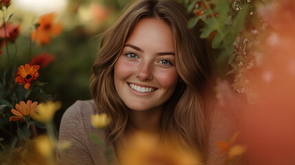 Naklejka premium A young woman smiles brightly among vibrant flowers during a sunny afternoon in a beautiful garden setting
