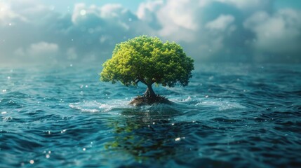 Abstract Solitary Tree on a Small Rock Island in the Middle of the Ocean Surrounded by Calm Waters and a Cloudy Sky
