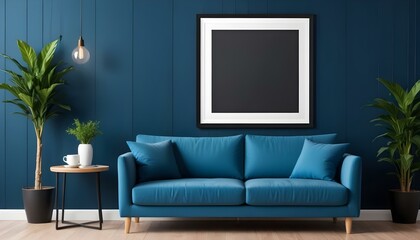 Interior mockup In a white room a blue sofa is placed next to a photo frame on the wall