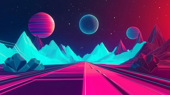 Colorful multiverse in synthwave style background. Red road with 3d futuristic mountains and neon planets in sky. Purple cyberpunk desert in fantasy reality