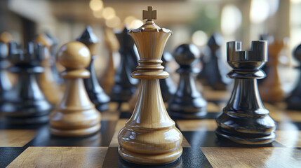 Fototapeta premium Detailed close-up of a chessboard with wooden pieces during an intense game in a cozy setting
