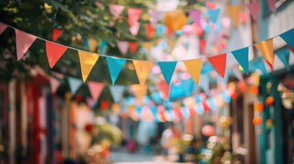 Close-up of a celebration banner hanging across a street. 