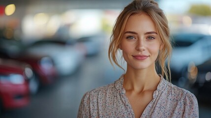 Fototapeta premium A woman with blonde hair and a pretty smile is standing in front of a parking lot. She is wearing a floral shirt and has her hair in a bun