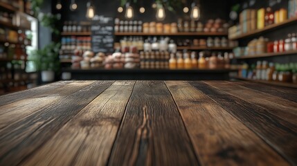 Fototapeta premium Empty wood table top with supermarket blurred background for product display