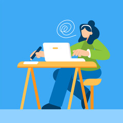 Illustration of a woman sitting with a laptop and writing in a notebook in flat style.
