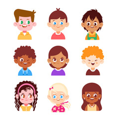 A set of avatars of children of different races and nationalities in a cute cartoon style.