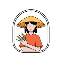 Female farmer wearing a straw hat. An isolated female farmer holding a straw and smiling. Vector cartoon woman farmer with a white background