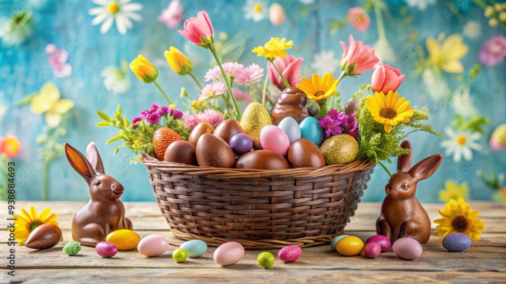 Wall mural Colorful Easter basket overflowing with chocolate bunnies, decorated eggs, and fresh flowers, set against a soft pastel background with subtle natural textures.