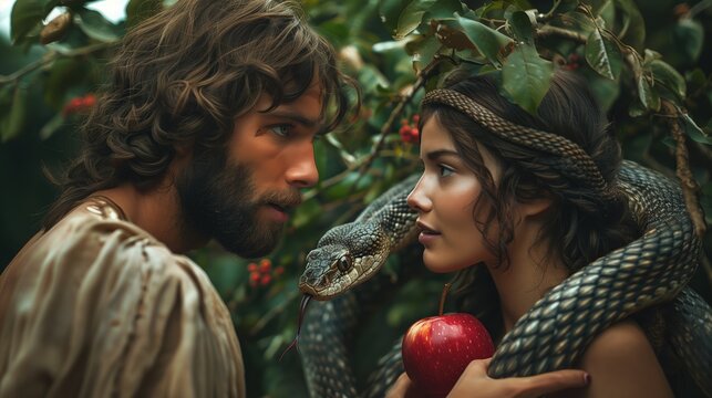 Adam and Eva Intently Gaze at Each Other in a Mystical Forest Setting with a Snake and Apples,  Bible stories