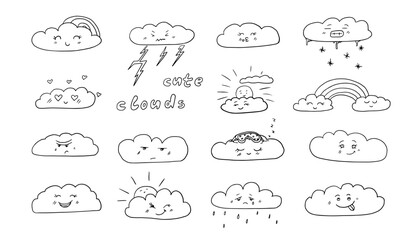 Set of cute clouds in doodle style. Sun, weather, snow, climate, cold, storm, sky, season, night, rain, meteorology, cloudy. Hand drawn. Good for banner, posters, cards, professional design.