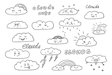 Large set of cute clouds in doodle style. Sun, weather, snow, climate, cold, storm, sky, season, night, rain, meteorology, cloudy. Hand drawn. Good for banner, posters, cards, professional design.