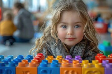 A sweet little girl with blonde hair, looks at the camera with a smile as she plays with colorful blocks.