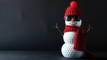 Golf ball  Snowman Christmas Card with red sunglasses, scarf and beanie hat over black background. Area for text to the left.