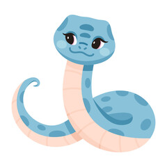 Cute funny snake, smiling. Kawaii serpents. Kids flat vector illustrations. Happy cheerful excited cobra. Childish flat graphic vector illustration isolated on white background