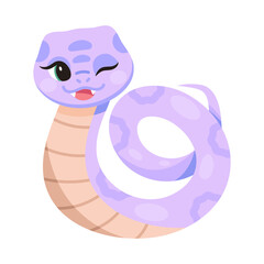 Cute cartoon snake, smiling and winking. Kawaii serpents. Kids flat vector illustrations. Happy cheerful excited cobra. Childish flat graphic vector illustration isolated on white background