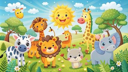 Naklejka premium Colorful illustration of a happy zoo scene with various cartoon animals, trees, and a bright sun, surrounded by a white border with a subtle texture effect.