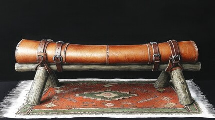 Obraz premium Leather-Wrapped Wooden Bench on Oriental Rug