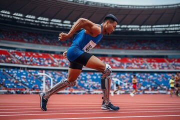 Asian athletes are disabled with prosthetic blades running at stadium - Powered by Adobe