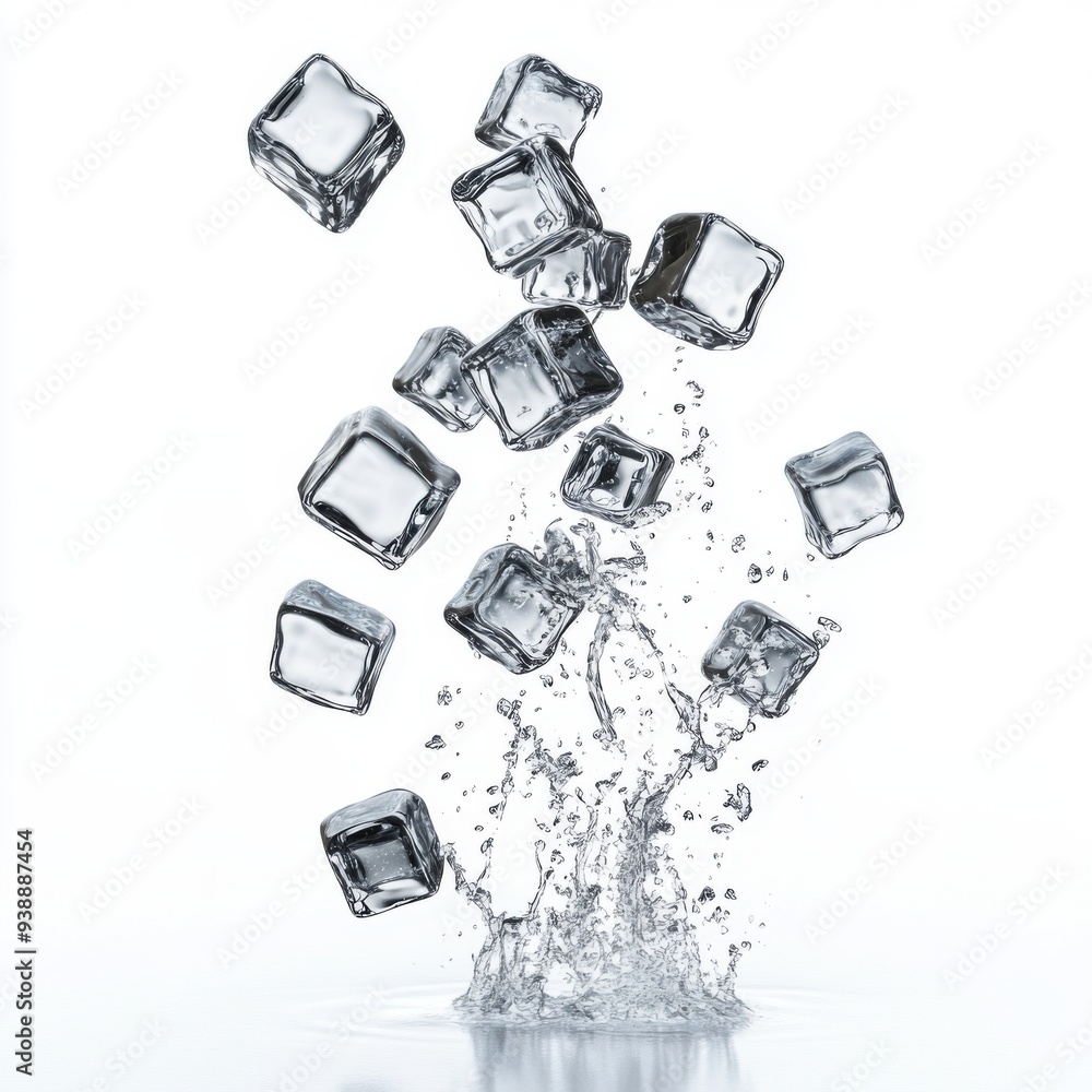 Aufkleber multiple ice cubes falling into water, creating splashes.