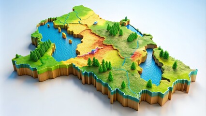 Colorful map of Rwanda, a small landlocked country in East Africa, showcasing its borders, provinces, lakes, and mountainous terrain with a slight 3D effect.