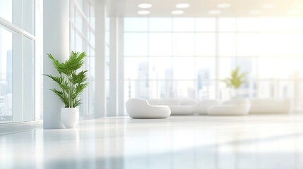 Blur background of bright office with white furniture and large windows. Modern white lounge. Generative ai