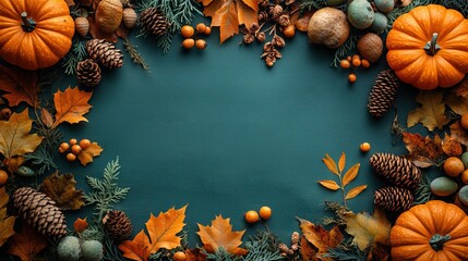 Happy Thanksgiving Day vertical banner with pumpkins, dry oak leaves, acorns, and cones on a vintage green background. Autumn fall concept, flat lay top view, copy space.