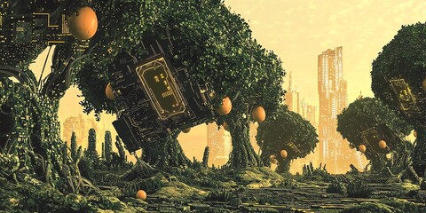 Mystical forest with giant, metallic trees