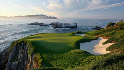 A spectacular cliffside golf course by the sea with crashing waves, highlighting the drama of the landscape and allure of the sport.