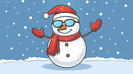 Cool cartoon Snowman with Santa Claus hat on, over light blue background and snow 