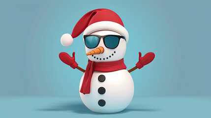 Cool 3D Snowman with Santa Claus hat on, over light blue background