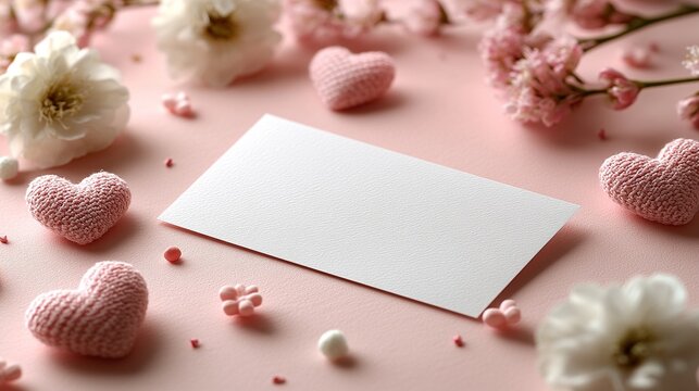 Valentine's Day concept featuring a blank card and hearts on a pink background for greeting card mockups, gift vouchers, or romantic wedding invitations.