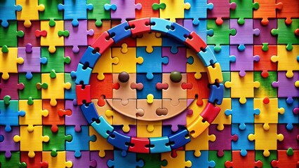 Colorful puzzle pieces forming a smiling face, symbolizing unity, acceptance, and inclusivity, representing special needs awareness and diversity with a positive and uplifting message.