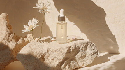 Face serum transperant glass dropper bottle without label for mockup on light textured stone with white flowers. Natural textured beige background for mockup and advertising.