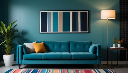 Interior mockup In a white room a blue sofa is placed next to a photo frame on the wall