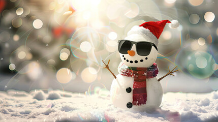 Snowman  Christmas Card. A happy snowman with sunglasses and a Santa hat on . Snow and a blurred background and lens flares. 