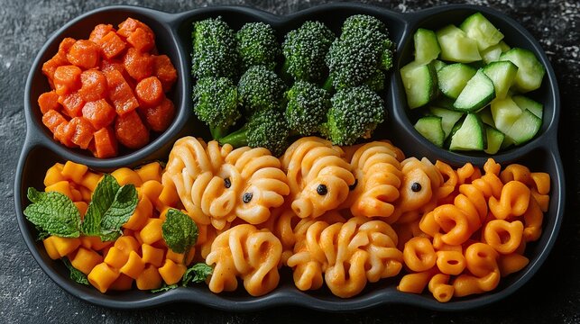 healthy veggie pasta on a fun elephant plate