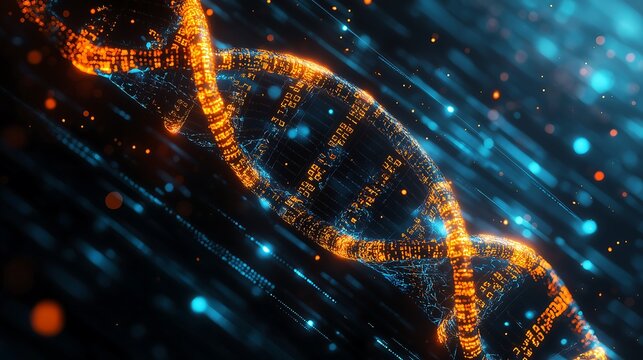 A digital representation of a DNA strand with binary code and data streams, highlighting the intersection of genetics and technology in a futuristic style