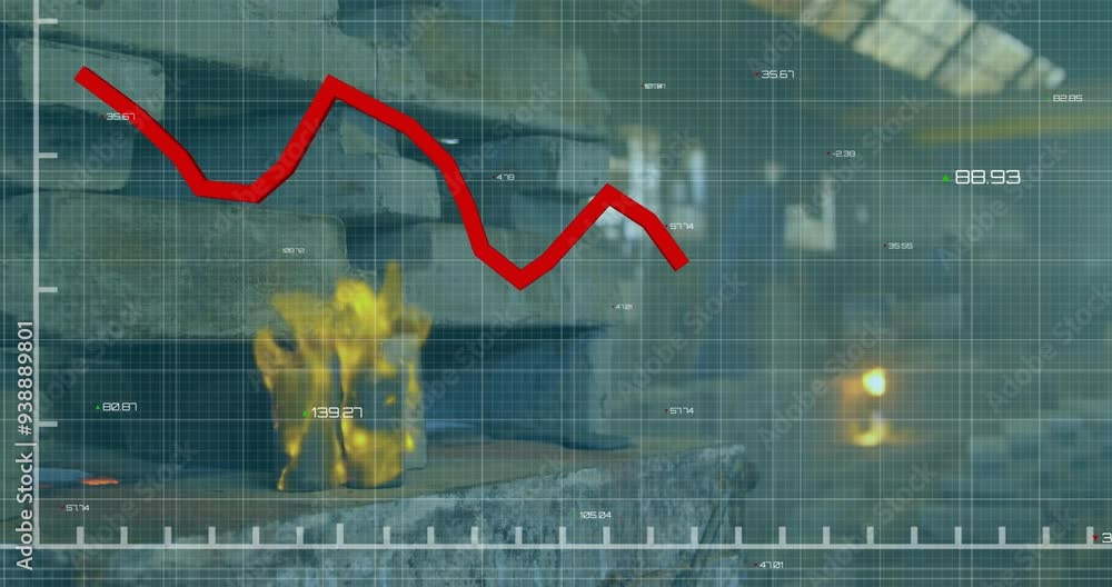 Poster red declining graph animation over industrial background with fire and machinery