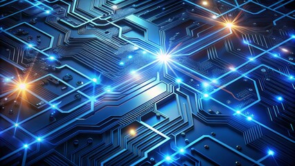 Obraz premium Complex circuit board pattern with intricate pathways and microchips on a dark blue abstract electronic background with glowing neon lights and subtle gradient effects.
