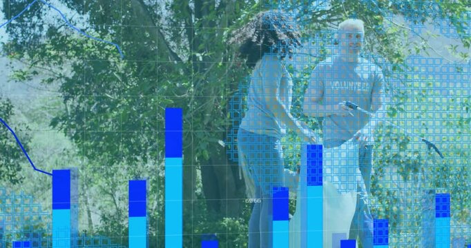 Bar graph and data analysis animation over people collecting trash in park - Powered by Adobe