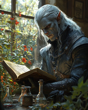 pensive elf deeply engaged in an ancient tome amidst a sunlit garden filled with vibrant red flowers and alchemical bottles