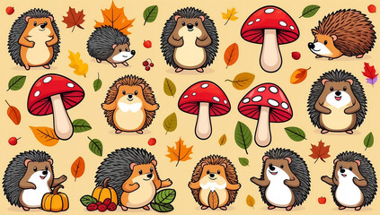 sticker set, different cute hedgehog