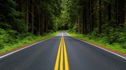 Obraz premium Forest Road With Double Yellow Lines Leading Through Lush Greenery.