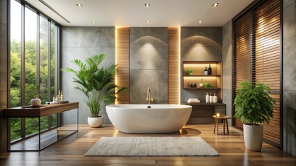 Fototapeta premium Contemporary Bathroom Interior Featuring A Freestanding Tub With Sleek Lines, A Minimalist Aesthetic, And A Luxurious Spa-Like Atmosphere.