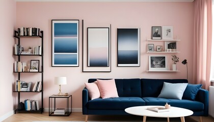 Interior mockup In a white room a blue sofa is placed next to a photo frame on the wall