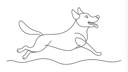 Continuous Line Drawing Of A Happy Dog Leaping With Tongue Out, Isolated On White Background