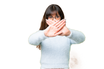 Young caucasian woman over isolated chroma key background making stop gesture with her hand to stop an act